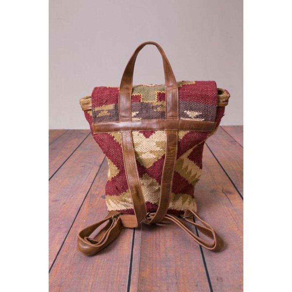 Lovestitch Wine Carpet Backpack Ikat Jute Leather Tassel Boho Festival Bag - Picture 2 of 12